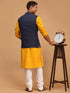 Men's Navy Blue Solid Cotton Nehru Jacket With Mustard Kurta And White Pyjama Set